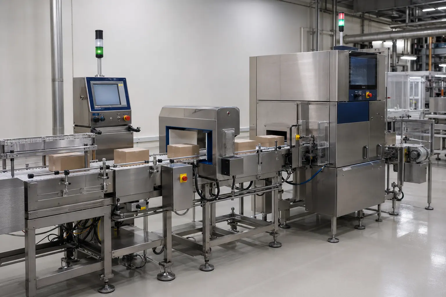 Stainless steel checkweigher and inspection equipment on a packaging production line