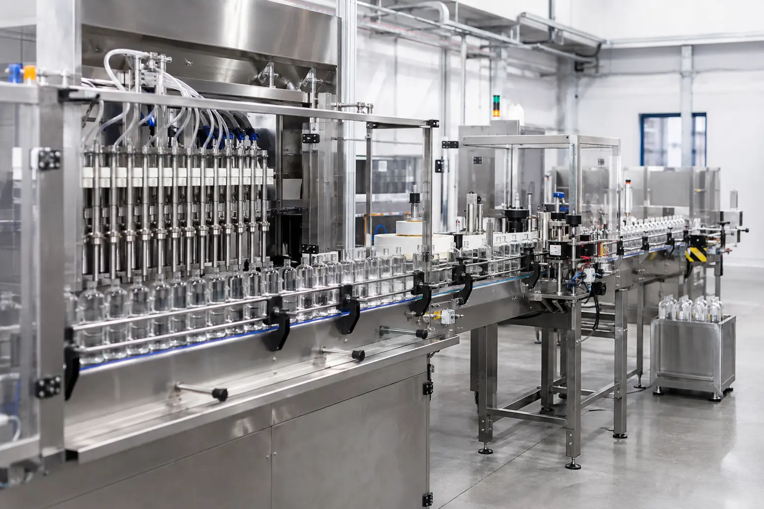 Automated liquid filling and labelling line with downstream conveyor inspection