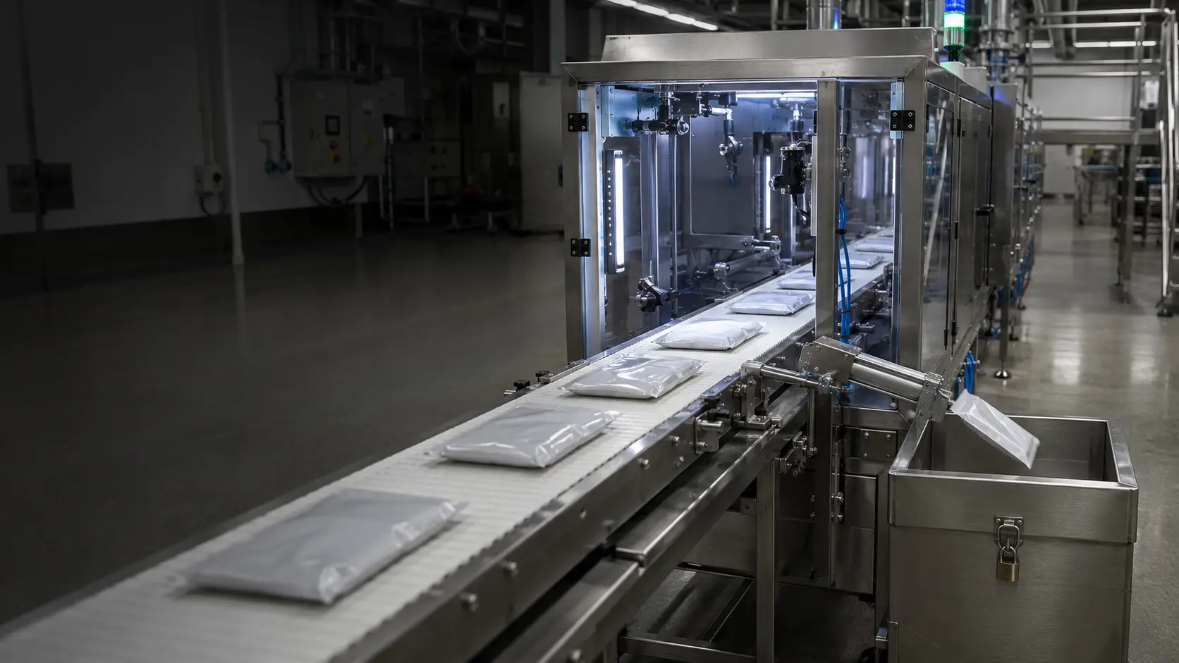 Automatic rejection station on a fast production conveyor