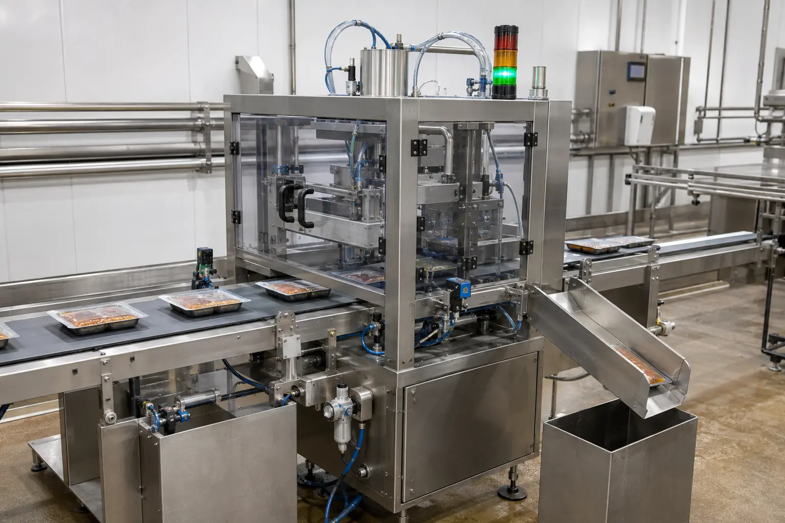 Automated leak detection and package seal test station on a stainless conveyor