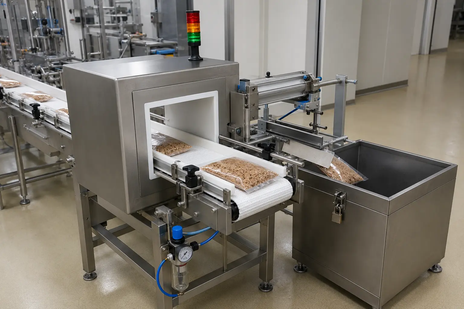 Metal detector and inspection conveyor in a hygienic food production environment