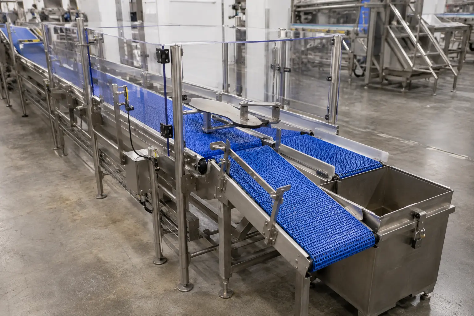 Existing production conveyor upgraded with sensors and a reject diverter
