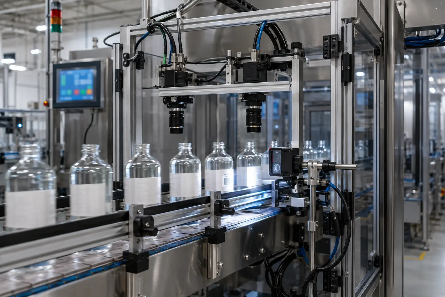 Machine vision cameras inspecting bottles on an automated production conveyor