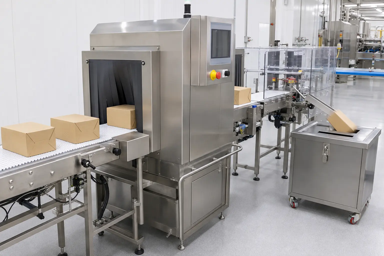 X-ray inspection machine integrated with a stainless packaging conveyor